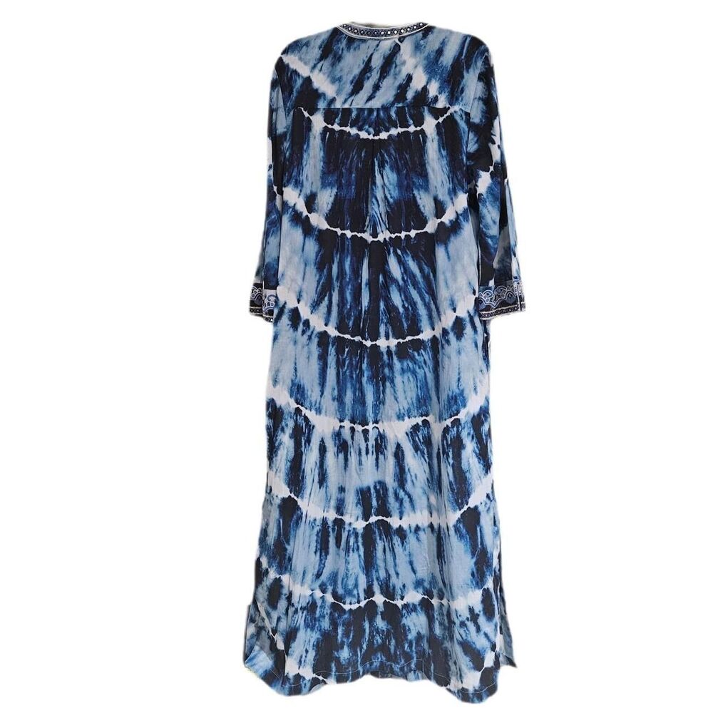 boho festival blue navy tie dye button up kaftan - Picture 3 of 6
